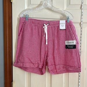 NWT-da-sh-L-Fuchsia/white-gingham, linen blend, high-rise, cuffed shorts.